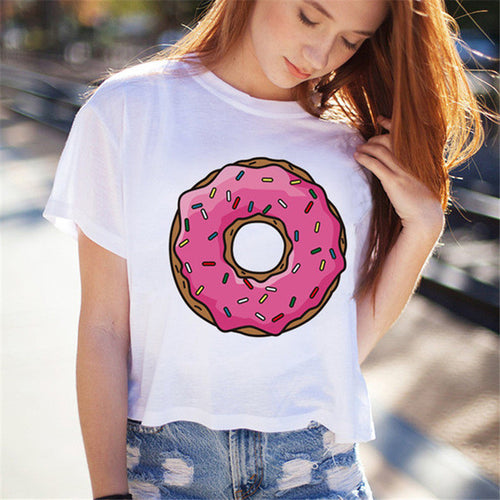 Women Summer Short T Shirt Fashion Donut Print White T shirts Harajuku O-Neck Short Sleeve Tops 71596 GS