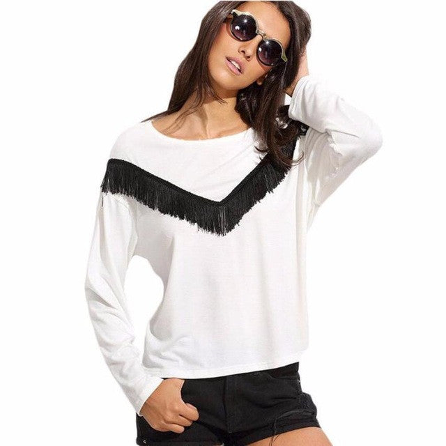 Women Tops Casual Long Sleeve T shirt Tassel Long Sleeved O Neck Shirt Tops T-shirt Feminina   GS