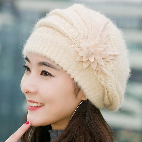 Warm Hat For Women Knitted Wool Floral Gorros Skullies & Beanies Elegant Hats Female Ladies Bonnet Enfant GS
