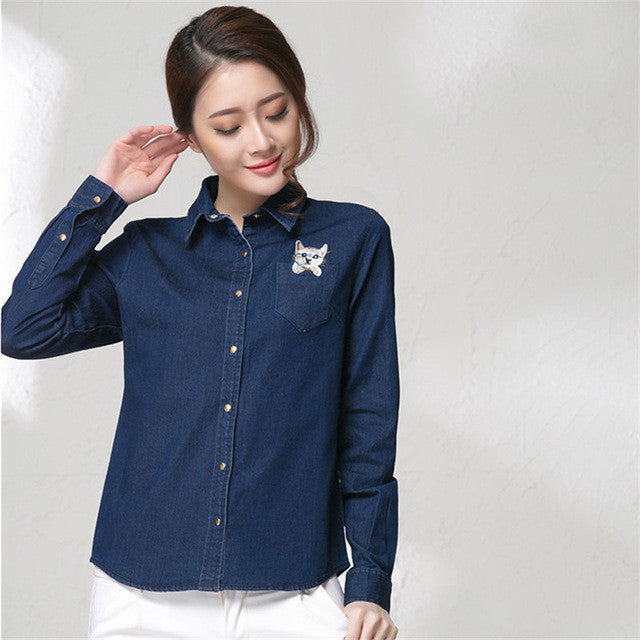 Autumn New Shirt Fashion Casual Female Long Sleeve Turn-down Collar Women Denim Cat Embroidery Blouse With Button 71865 GS