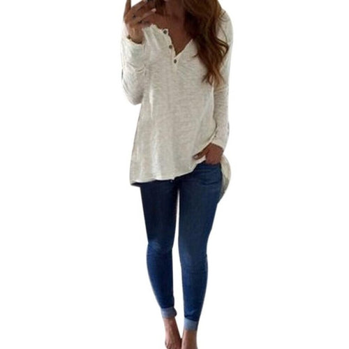 White Button T-shirts Women O Neck Long Sleeved Women Casual T shirt Tees Tops Female Poleras De Mujer #1207 GS