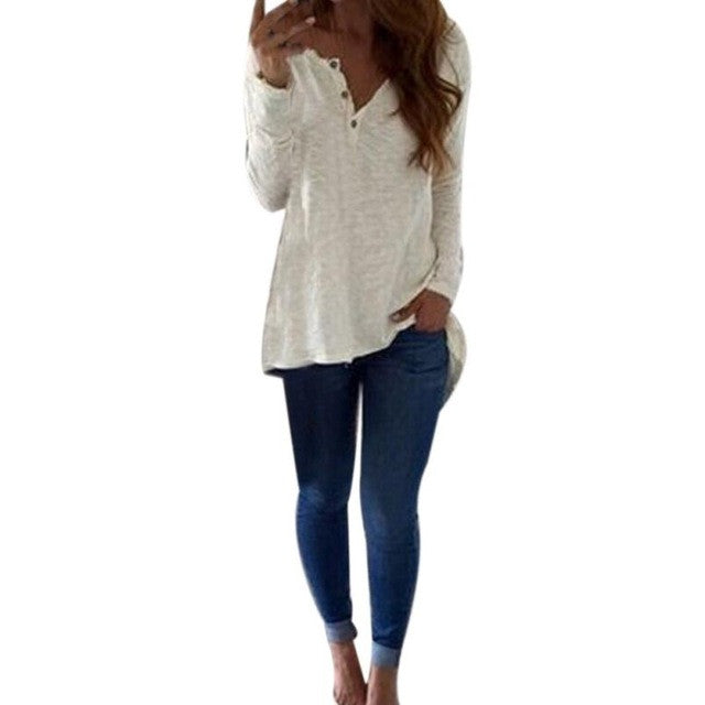 White Button T-shirts Women O Neck Long Sleeved Women Casual T shirt Tees Tops Female Poleras De Mujer #1207 GS