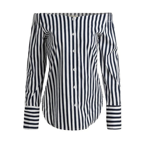Black And White Stripe Women's Blouses Off The Shoulder Blouse Slash Neck Long Sleeve Women Shirts Tops camisetas mujer #23 GS