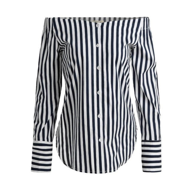 Black And White Stripe Women's Blouses Off The Shoulder Blouse Slash Neck Long Sleeve Women Shirts Tops camisetas mujer #23 GS