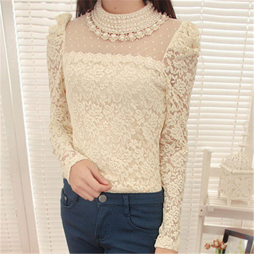 Blusas femininas Casual Women Hollow Out Blouses Long Sleeve Tops Autumn Vintage Bow Lace Thick Print Shirts 71765 GS