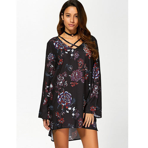 Boho Style women  mini Sexy Floral Print Bandage Dress Casual Loose Mini Club Party Dresses Ladies Short Vestidos #23 GS