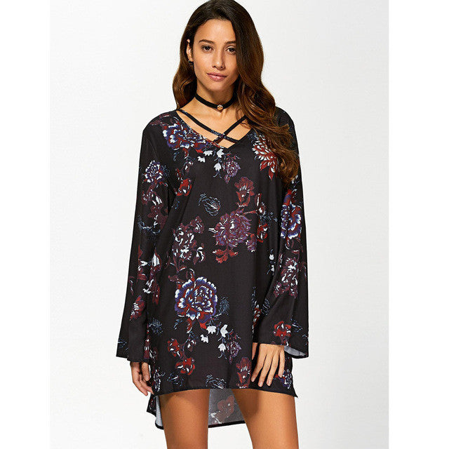 Boho Style women  mini Sexy Floral Print Bandage Dress Casual Loose Mini Club Party Dresses Ladies Short Vestidos #23 GS