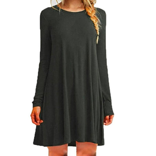 Casual Loose Plus Size Dresses Women 6Color Solid Long Sleeve O Neck   T Shirt Mini Dress Female vestidos #1206 GS