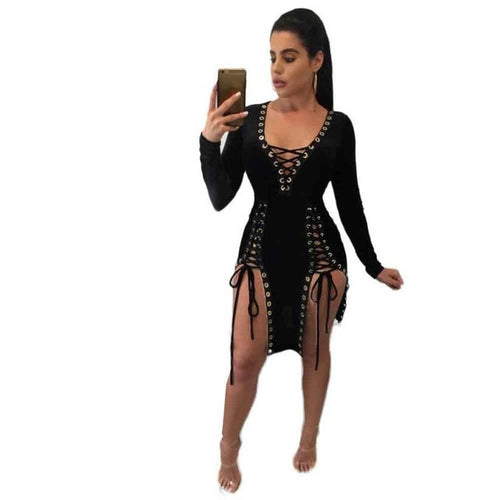 Club Wear Dresses Womens Sexy Full Bandage Lacing Up Hollow Out Deep v Neck Irregular Ladies Dress vestidos &02 GS