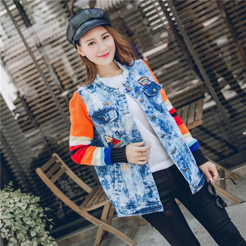 Fashion Autumn Sequins Embroidery Outwear Full Sleeve O-neck Hole Coat Print Jacket Plus Size Denim Knitting Jacket 71944 GS