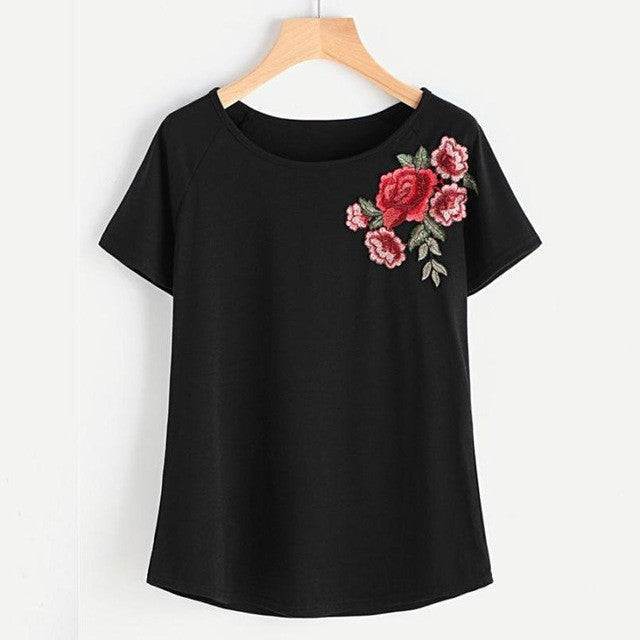 Fashion Black Short Sleeve T shirt Women  Tops Casual Embroidered Floral O-neck harajuku Vogue tshirt Women #421 GS