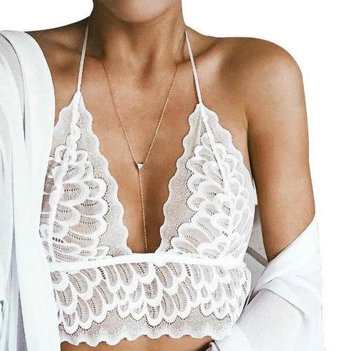 Fashion Black White Lace Crop Top Deep V Neck Halter Translucent Underwear Sheer Lace Strap Bustier Tops Cropped #1207 GS