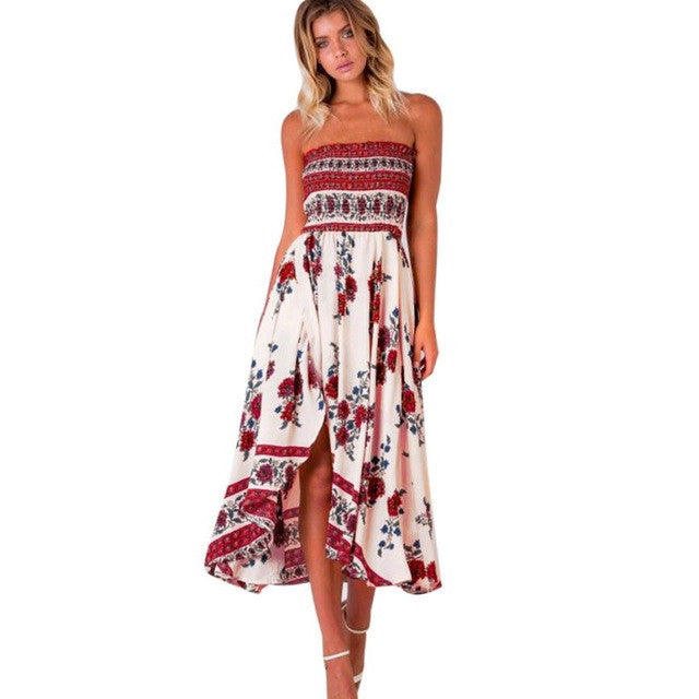 Fashion Bohemian Elegant Dress Women  Floral Print Strapless Beach Dresses European Style Sexy Vestidos mujer #63 GS