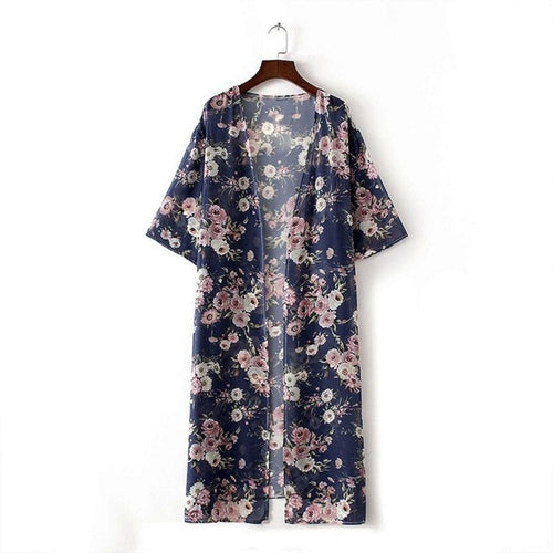 Fashion Chiffon Floral Printed Blouse Women Kimono Cardigan Long Style Half Sleeve Shawl Tops Women blusas femininas #43 GS