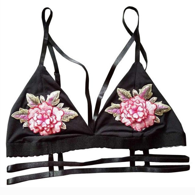 Fashion Elegant Crop Top Women Floral Embroidere Strappy Bandage Triangle Deep v wirefree Bralette Bra Crop Tops Female #63 GS