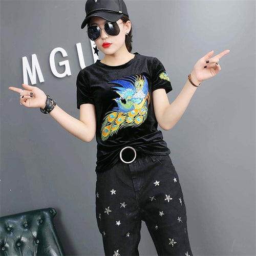 Fashion Female t shirts Short Sleeve T-shirts Plus Size Embroidery Animal tshirt Sequined O-neck Women Tops 72456 GS