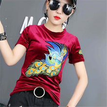 Fashion Female t shirts Short Sleeve T-shirts Plus Size Embroidery Animal tshirt Sequined O-neck Women Tops 72456 GS