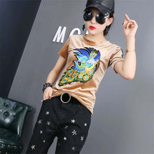 Fashion Female t shirts Short Sleeve T-shirts Plus Size Embroidery Animal tshirt Sequined O-neck Women Tops 72456 GS