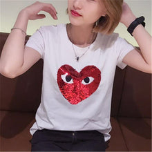 Fashion Female t shirts Short Sleeve T-shirts Plus Size Eye Embroidery Heart Sequined tshirt O-neck Women Tops 72527 GS