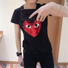 Fashion Female t shirts Short Sleeve T-shirts Plus Size Eye Embroidery Heart Sequined tshirt O-neck Women Tops 72527 GS