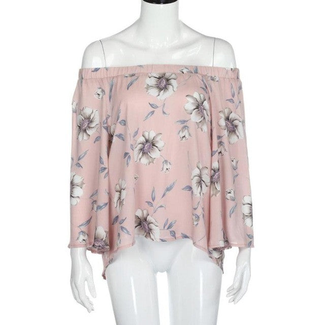 Fashion Flare Sleeve Women Off Shoulder Floral Print Casual Tops Women T Shirt Female camisetas mujer verano #23 GS