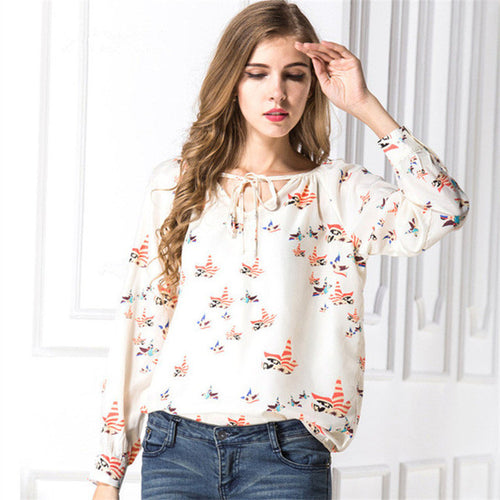Fashion New Elegant Full Sleeve Chiffon Blouse Bow Tie Print Women Plus Size Tops Stand collar Shirt OL Blusas 72496 GS