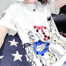 Fashion New Short Sleeve Plus Size T-shirts Casual Female t shirts Funny Character Sequined Tops O-neck Women tshirts 72543 GS