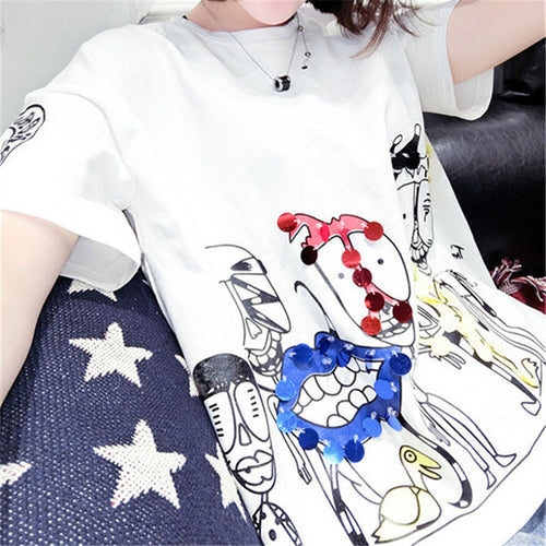 Fashion New Short Sleeve Plus Size T-shirts Casual Female t shirts Funny Character Sequined Tops O-neck Women tshirts 72543 GS