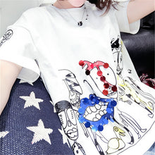 Fashion New Short Sleeve Plus Size T-shirts Casual Female t shirts Funny Character Sequined Tops O-neck Women tshirts 72543 GS
