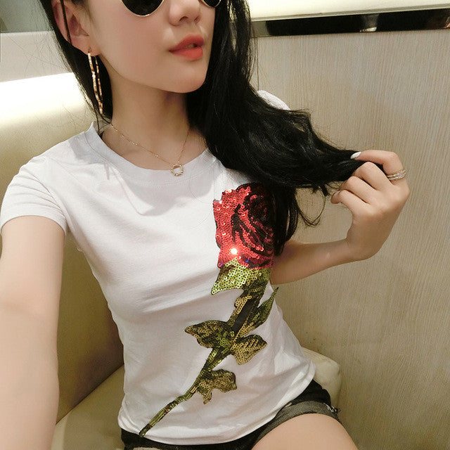 Fashion New Short Sleeve S-3XL T-shirts Casual Female t shirts Slim Rose Sequined Tops O-neck Women tshirts 72539 GS