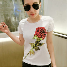 Fashion New Short Sleeve S-3XL T-shirts Casual Female t shirts Slim Rose Sequined Tops O-neck Women tshirts 72539 GS
