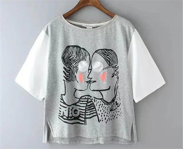 Fashion New Short Sleeve T-shirts Plus Size Female t shirts love kiss Print Top O-neck Women tshirts 72356 GS