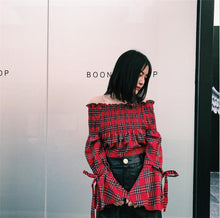 Fashion New Summer Elegant Full Sleeve Blouse Women kawaii Tops Plaid Slash neck Shirt Sexy Blusas With Bow 72411 GS