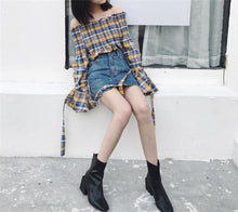 Fashion New Summer Elegant Full Sleeve Blouse Women kawaii Tops Plaid Slash neck Shirt Sexy Blusas With Bow 72411 GS
