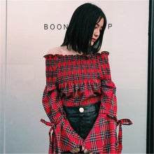 Fashion New Summer Elegant Full Sleeve Blouse Women kawaii Tops Plaid Slash neck Shirt Sexy Blusas With Bow 72411 GS