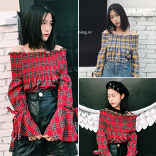 Fashion New Summer Elegant Full Sleeve Blouse Women kawaii Tops Plaid Slash neck Shirt Sexy Blusas With Bow 72411 GS