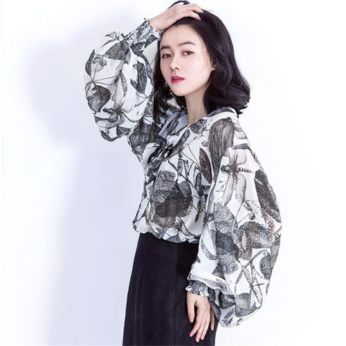Fashion New Summer Full Lantern Sleeve Blouse Women Plus Size Tops Chiffon Turn-down Shirt Print Blusas With Bow 72406 GS