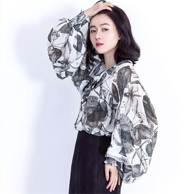 Fashion New Summer Full Lantern Sleeve Blouse Women Plus Size Tops Chiffon Turn-down Shirt Print Blusas With Bow 72406 GS