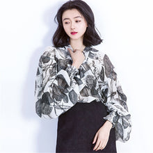 Fashion New Summer Full Lantern Sleeve Blouse Women Plus Size Tops Chiffon Turn-down Shirt Print Blusas With Bow 72406 GS