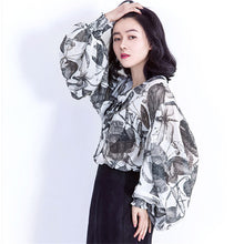 Fashion New Summer Full Lantern Sleeve Blouse Women Plus Size Tops Chiffon Turn-down Shirt Print Blusas With Bow 72406 GS