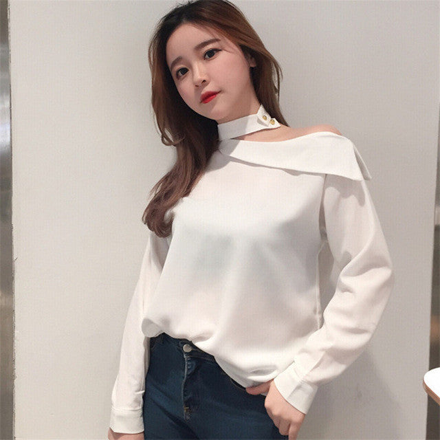 Fashion New Summer Off Shoulder Full Sleeve Blouse Women Plus Size Tops Chiffon Turn-down Shirt Sexy Blusas 72405 GS