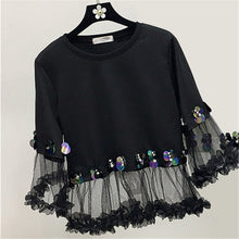Fashion New Three Quarter Sleeve T-shirts Plus Size Female t shirts Patchwork Lace Sequined Tops O-neck Women tshirts 72540 GS