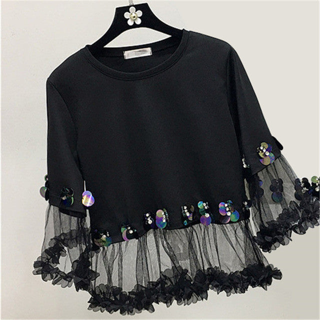 Fashion New Three Quarter Sleeve T-shirts Plus Size Female t shirts Patchwork Lace Sequined Tops O-neck Women tshirts 72540 GS