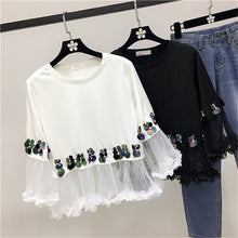 Fashion New Three Quarter Sleeve T-shirts Plus Size Female t shirts Patchwork Lace Sequined Tops O-neck Women tshirts 72540 GS