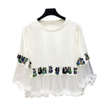 Fashion New Three Quarter Sleeve T-shirts Plus Size Female t shirts Patchwork Lace Sequined Tops O-neck Women tshirts 72540 GS