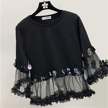 Fashion New Three Quarter Sleeve T-shirts Plus Size Female t shirts Patchwork Lace Sequined Tops O-neck Women tshirts 72540 GS