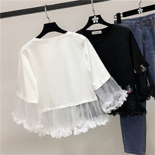 Fashion New Three Quarter Sleeve T-shirts Plus Size Female t shirts Patchwork Lace Sequined Tops O-neck Women tshirts 72540 GS