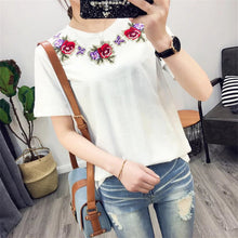 Fashion Short Sleeve T-shirts New Fashion Sided Flowers Embroidery T Shirts Brief t-shirt Casual Women Tops Plus Size 72656 GS