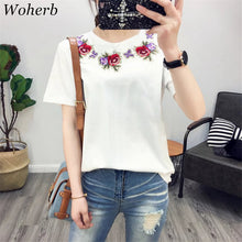 Fashion Short Sleeve T-shirts New Fashion Sided Flowers Embroidery T Shirts Brief t-shirt Casual Women Tops Plus Size 72656 GS