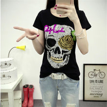 Fashion Short Sleeve T-shirts Plus Size Female t shirts Skull Print tshirt Sequined O-neck Women Tops 72454 GS